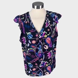 Philosophy Womens Small Cap Sleeve V Neck Blouse Black Multi Colored
